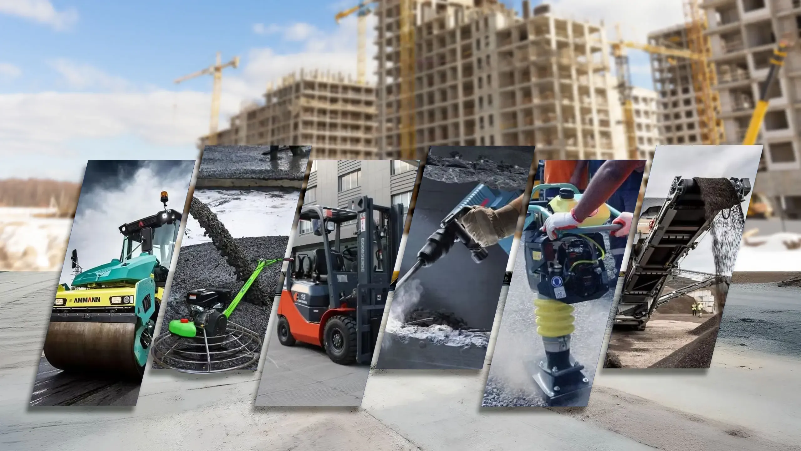 Rodillo, montacargas, compactadora y otros equipos de construcción frente a edificios en obra
